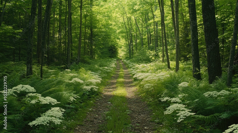 Obraz premium Serene Forest Pathway Surrounded by Lush Greenery