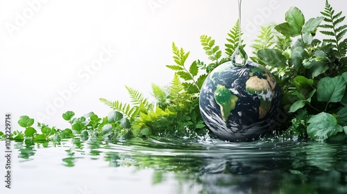 Ecothemed design of a water drop holding the planet Earth surrounded by vibrant green leaves with a crisp white backdrop highlighting World Water Day awareness and space for sustainability text