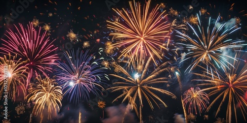 Multicolored fireworks on a black background. Christmas New Year banner