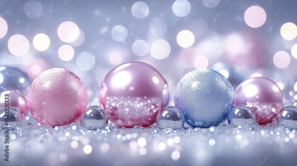 Elegant Pastel Spheres: Glittery Pink and Blue Baubles with Bokeh Background Elegant Pastel Spheres: Glittery Pink and Blue Baubles with Bokeh Background