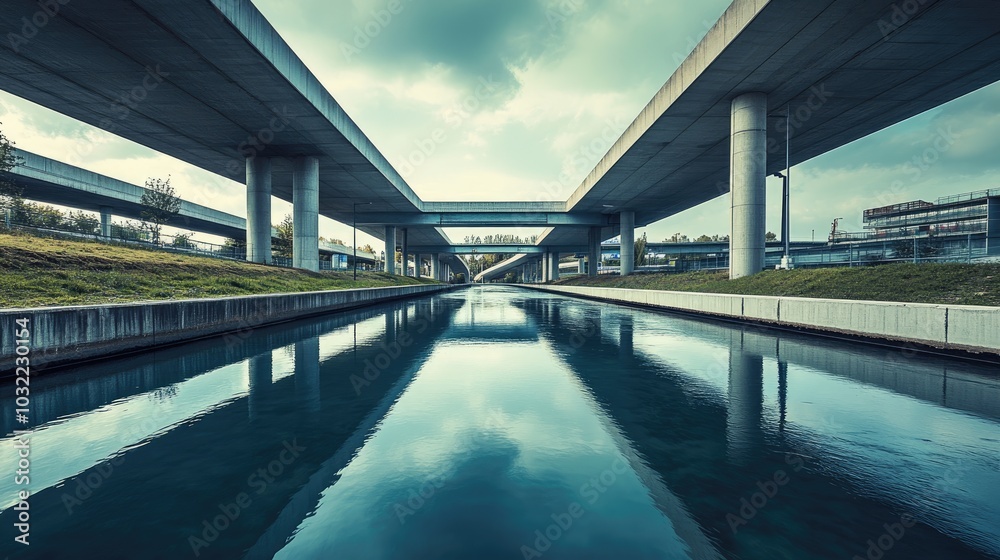 Urban Reflections Under a Modern Overpass Urban Reflections Under a Modern Overpass