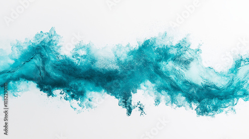 Close-up of textured turquoise sea wave on white background.
