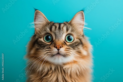 Portrait of fluffy purebred cat with funny face expression on blue background, studio shot, closeup, Generative AI
