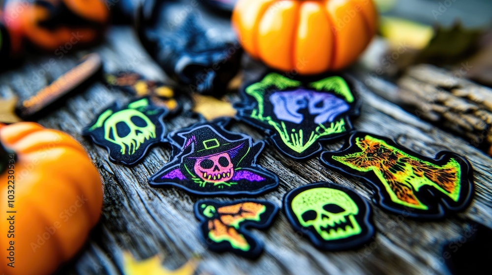 Close-up of colorful Halloween stickers, including witches, black cats, and skulls, on a wooden table with festive Halloween decorations. Close-up of colorful Halloween stickers, including witches, black cats, and skulls, on a wooden table with festive Halloween decorations.