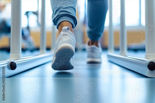 An illustration depicting a patient practicing walking with the assistance of handrails, commonly used in physical therapy and rehabilitation centers to help regain mobility and balance photo