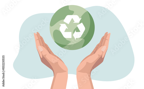 Sustainability, ecology or renewable energy to save the world from climate change or global warming, environmental safe or recycle concept, hands holding sustainable green world with recycle symbol.