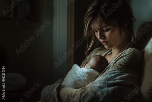 A poignant illustration of a young mother holding her newborn baby, with a sorrowful expression, symbolizing the emotional struggles of postpartum depression, ideal for topics related to mental health