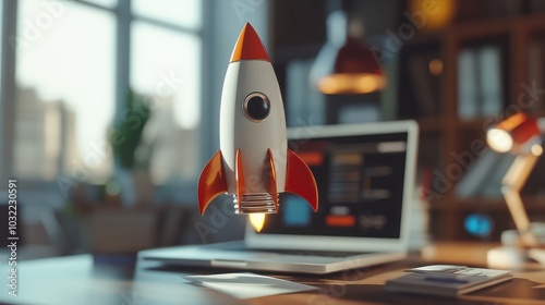 Rocket launch from laptop on office table to fly up in air. Business startup new idea project development, internet marketing strategy growth, future product progress on a website, speed power boost photo