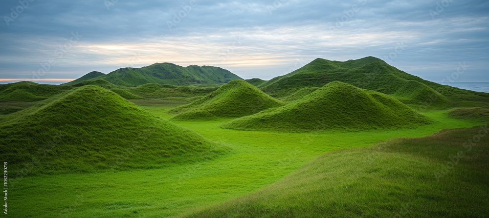 Rolling Green Hills under a Cloudy Sky, a Landscape of Tranquility and Natural Beauty Rolling Green Hills under a Cloudy Sky, a Landscape of Tranquility and Natural Beauty