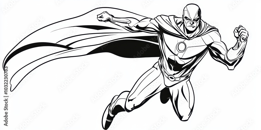 Black and white drawing of a superhero flying. Black and white drawing of a superhero flying.