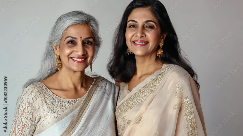 Two women wearing white and tan saris are smiling for the camera. Scene is happy and friendly Two women wearing white and tan saris are smiling for the camera. Scene is happy and friendly