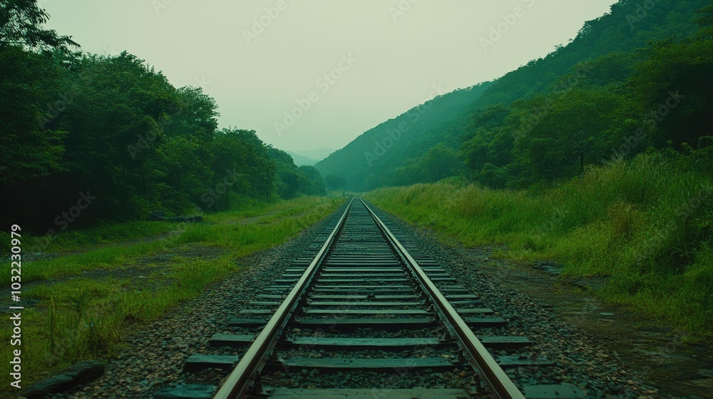 Fototapeta premium Tranquil Railway Track Through Lush Green Landscape