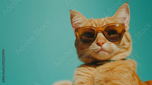 Funny Ginger Cat Wearing Sunglasses on Cyan Background | Playful Pet Portrait and Copy Space Concept



