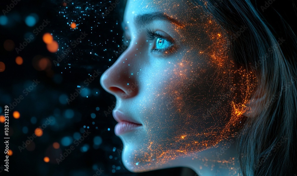 Woman face with futuristic technology concepts and AI-driven innovation, symbolizing the exploration of future technology trends with AI assistance, Generative AI Woman face with futuristic technology concepts and AI-driven innovation, symbolizing the exploration of future technology trends with AI assistance, Generative AI