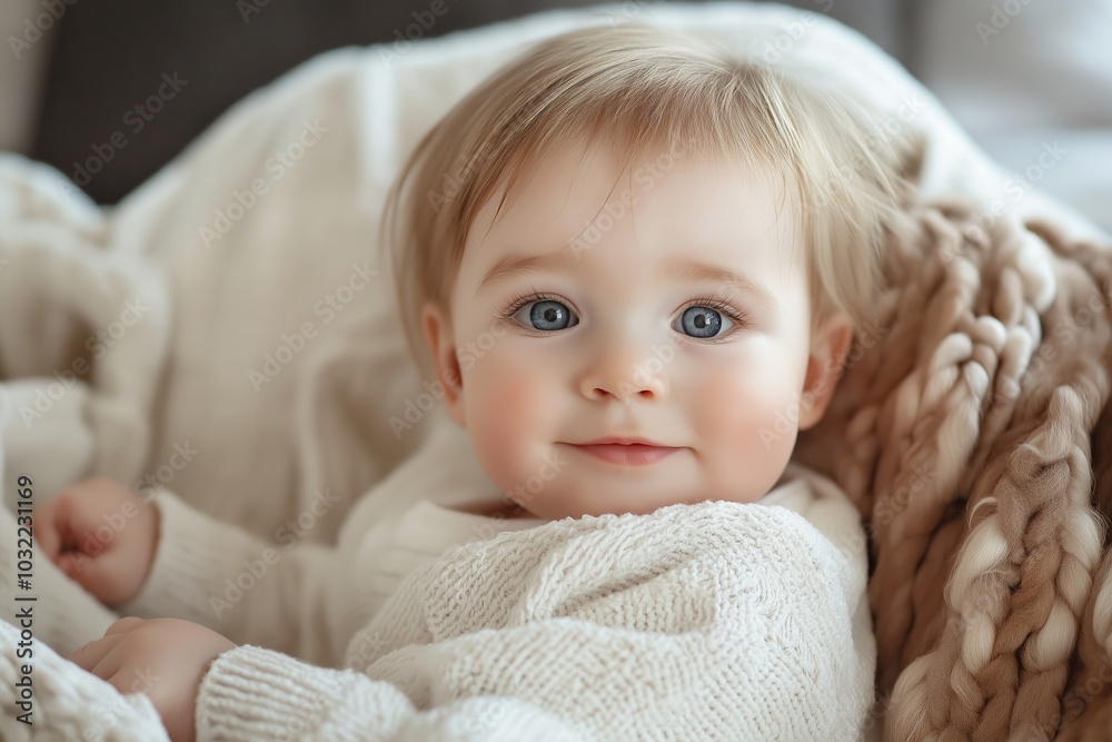 A baby with big bright eyes peeks out from a soft, knit blanket, embodying pure innocence and warmth. A baby with big bright eyes peeks out from a soft, knit blanket, embodying pure innocence and warmth.