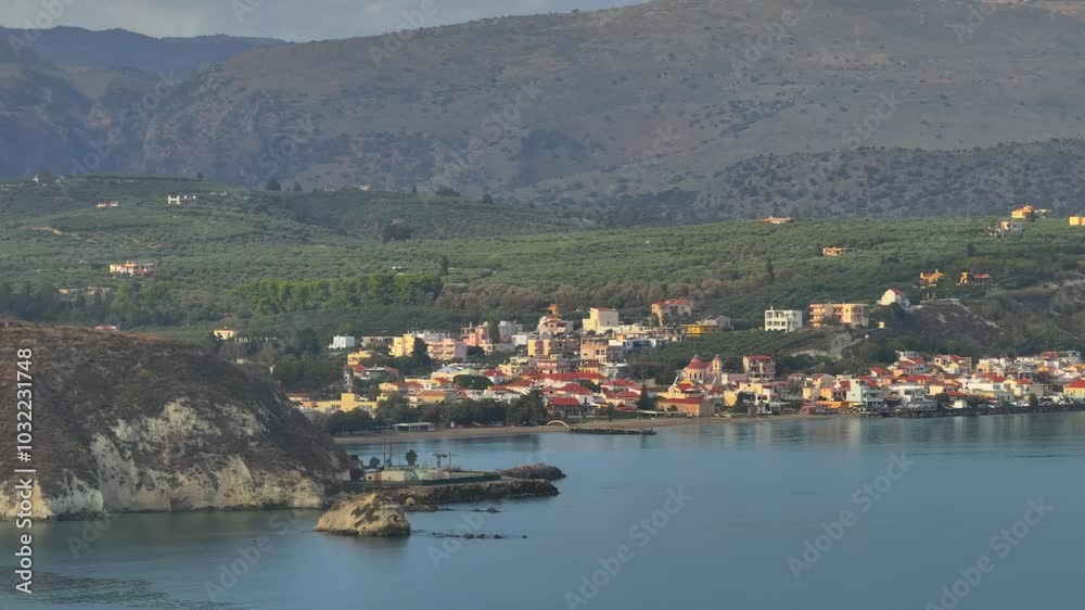 Aerial drone shot.View of famous beach in the summer, Crete, Greece. Famous beach with river and palm trees in Libyan sea. Tropical island, Panoramic view, Most beautiful beaches of Crete island