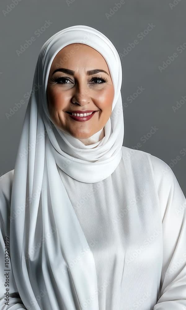A woman wearing a white dress and a white scarf. She is smiling and looking at the camera A woman wearing a white dress and a white scarf. She is smiling and looking at the camera