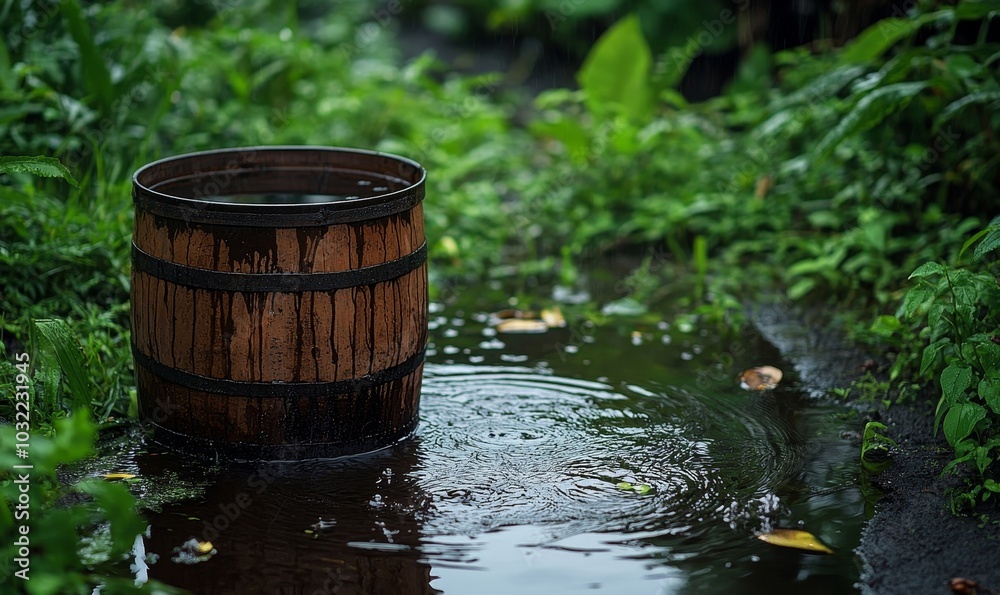 Rainwater harvesting barrel full of water, Generative AI Rainwater harvesting barrel full of water, Generative AI