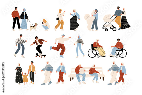 Vector illustration of diverse characters in everyday urban scenes. People walking dogs, skating, using wheelchairs, pushing strollers. Couples, families, individuals of various ages and ethnicities.
