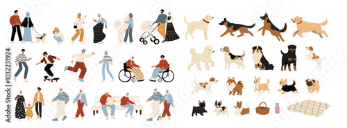 Flat artwork displays variety of beloved dog breeds amidst lush trees and greenery, highlighting the joy of companionship in a vibrant outdoor setting. The illustration captures family and diversity.