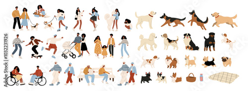 Flat artwork displays variety of beloved dog breeds amidst lush trees and greenery, highlighting the joy of companionship in a vibrant outdoor setting. The illustration captures family and diversity.