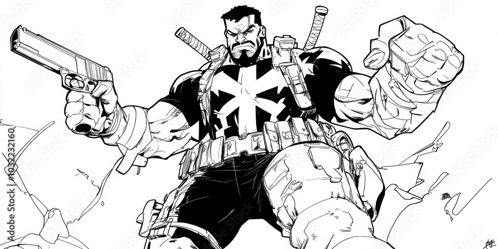 Obraz premium A superhero holding a gun, with swords on his back.
