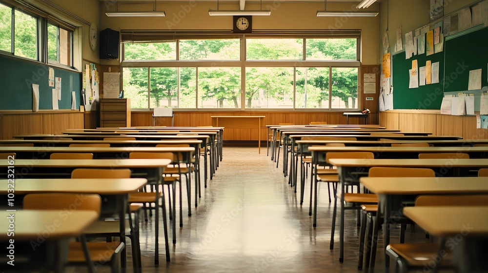 Empty Classroom, japanese school tables and chairs Empty Classroom, japanese school tables and chairs