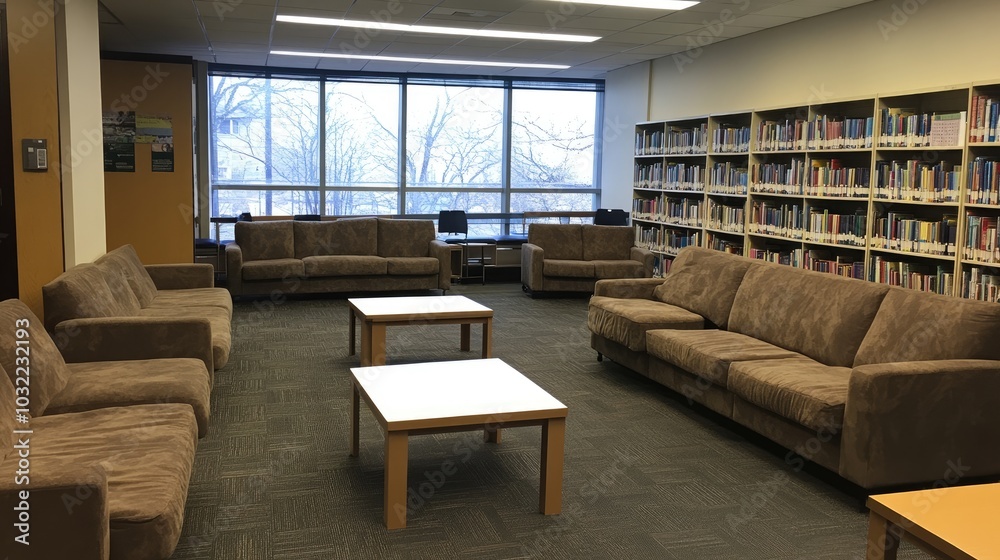 Naklejka premium Cozy Library Lounge with Bookshelves and Sofas
