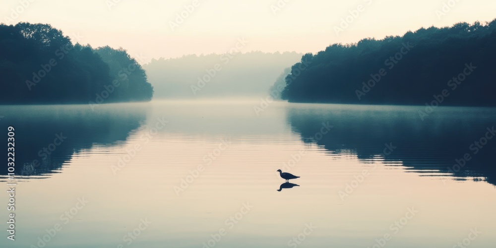 Solitary bird on a misty lake. Solitary bird on a misty lake.