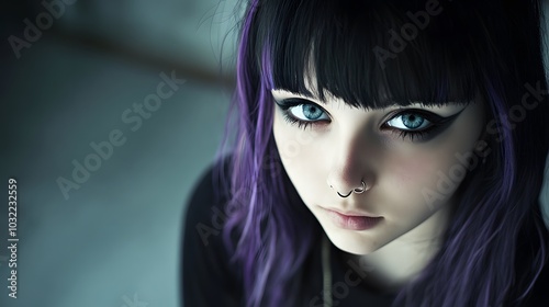 A girl with black and purple hair, blue eyes, a nose ring, pale skin, and dark, emo style