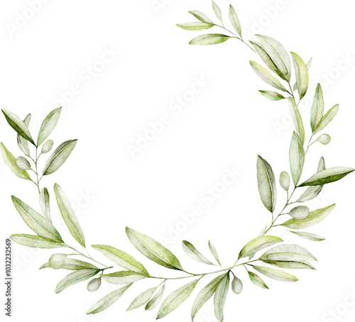 Watercolor Olive Wreath Clip Art – Hand-Painted Mediterranean Greenery