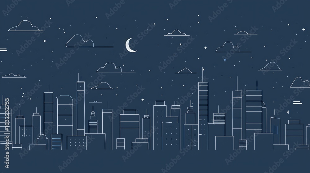 Cityscape in a simple line art style. The blue background is dotted with stars and a crescent moon. Cityscape in a simple line art style. The blue background is dotted with stars and a crescent moon.