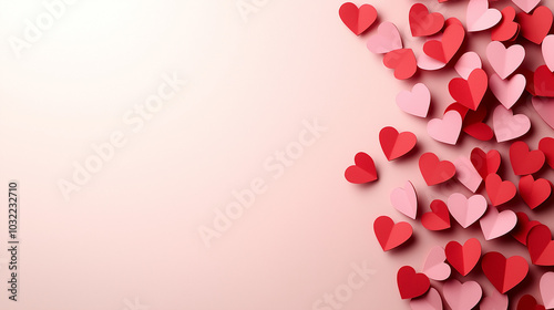 Pile of red and pink paper hearts on light pink background | Love and romance concept for Valentine's Day.

