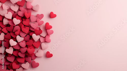 Pile of red and pink paper hearts on light pink background | Love and romance concept for Valentine's Day.

