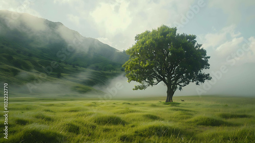 The image is of a single tree in a grassy field. There are mountains in the background and a blue sky with clouds. The image is peaceful and serene.