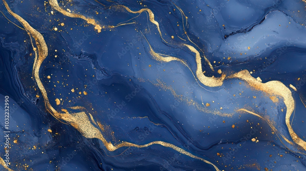 Fototapeta premium Abstract background with blue and gold swirling patterns and glittering gold flecks.