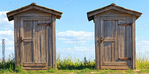 Old rustic wooden outdoor toilet. Outdoor toilet house on a plot in the countryside.