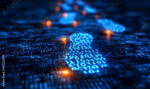 Cybersecurity digital footprints made of binary code, highlighting the importance of cybersecurity and protecting one's digital footprint from unauthorized access and, Generative AI