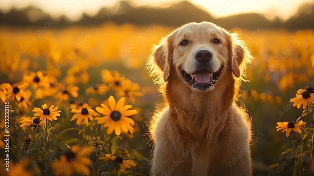 Golden Retriever dog sits in a field of yellow flowers, bathed in the warm glow of the setting sun. Golden Retriever dog sits in a field of yellow flowers, bathed in the warm glow of the setting sun.