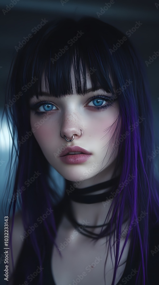 A girl with black and purple hair, blue eyes, a nose ring, pale skin, and dark, emo style A girl with black and purple hair, blue eyes, a nose ring, pale skin, and dark, emo style