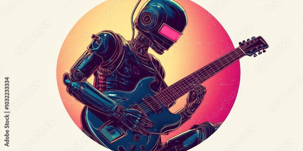 A robotic figure plays a guitar. A robotic figure plays a guitar.