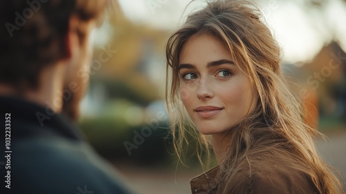 A young woman with long blonde hair looks over her shoulder at a man, smiling.