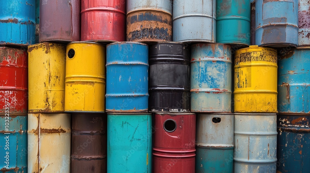 Colorful Stacked Oil Drums in Industrial Setting Colorful Stacked Oil Drums in Industrial Setting