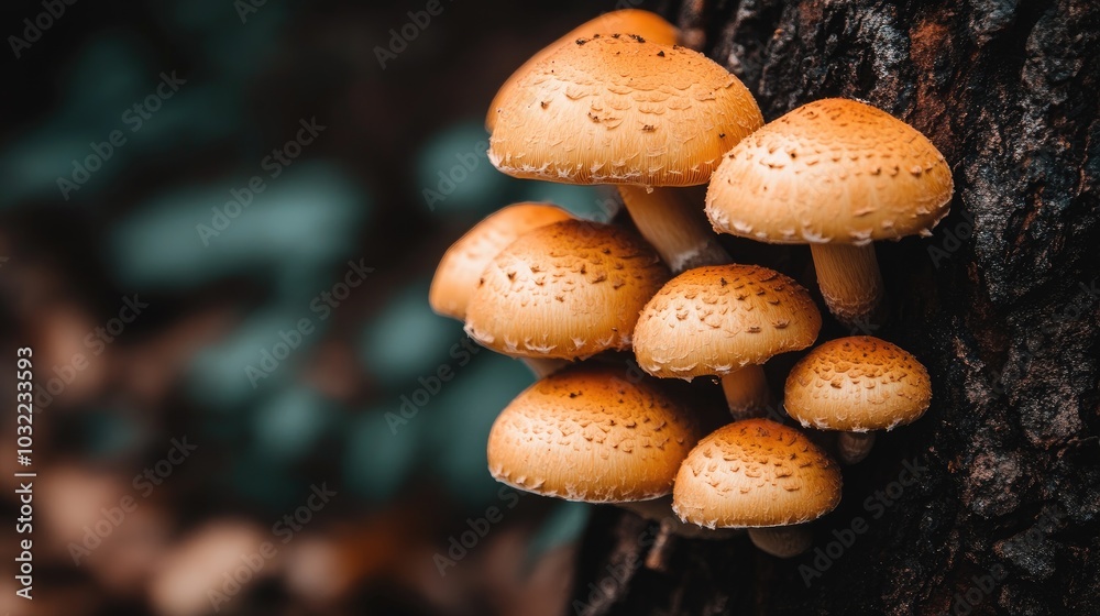 Golden Mushrooms Growing on a Tree Trunk Golden Mushrooms Growing on a Tree Trunk