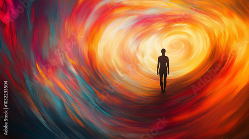 Psychedelic journey near death experience – Astral body vision in abstract design, conceptual representation of life beyond.

