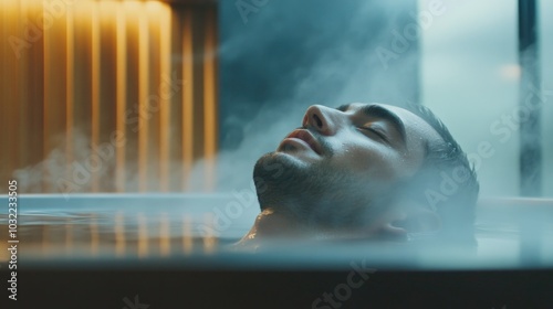 Relaxing man enjoying steamy hot tub with soft lighting for ultimate water wellness