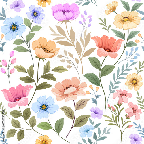 blooming flowers element on white background seamless pattern