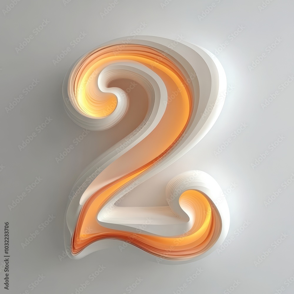 3D number 2with waves realistic modern design, soft lighting, white background 3D number 2with waves realistic modern design, soft lighting, white background
