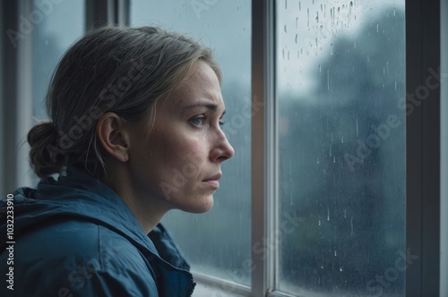 Thoughtful Caucasian woman looking out window as rain falls