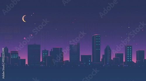 City lights twinkle in the distance. A crescent moon shines in the night sky. The stars are out in full force. The city is alive with activity.